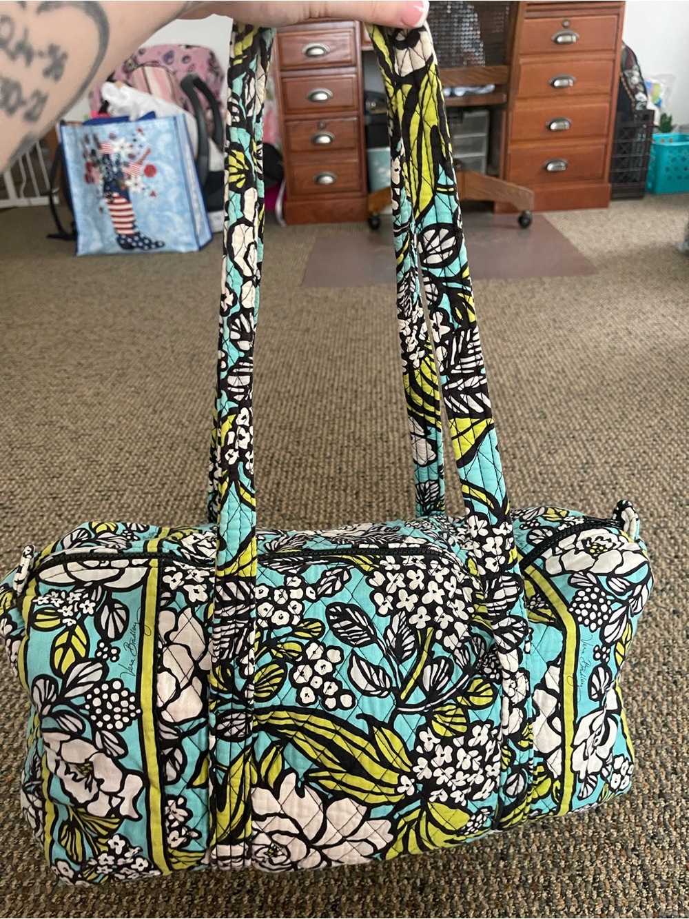 Vera Bradley Quilted Floral Travel Duffel in Turquoise, Lime & Black